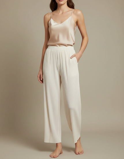 Pantalon À Pince Plissé Ample Beige Fluide Femme - Polyester