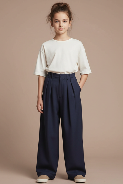 Pantalon À Pince Bleu Marine Ample Plissé Décontracté - Gabardine
