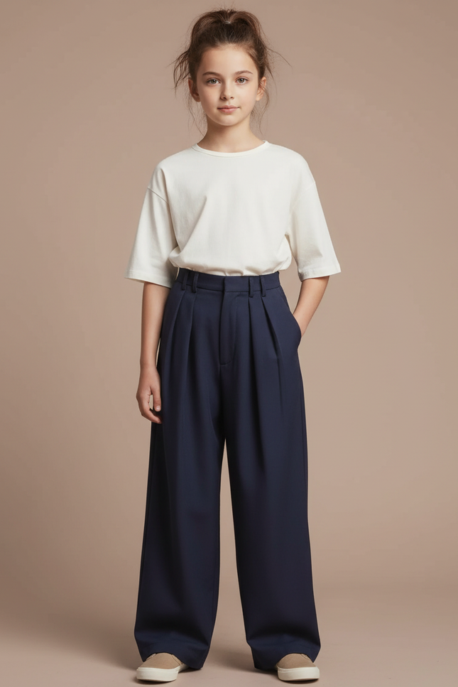 Pantalon À Pince Bleu Marine Ample Plissé Décontracté - Gabardine