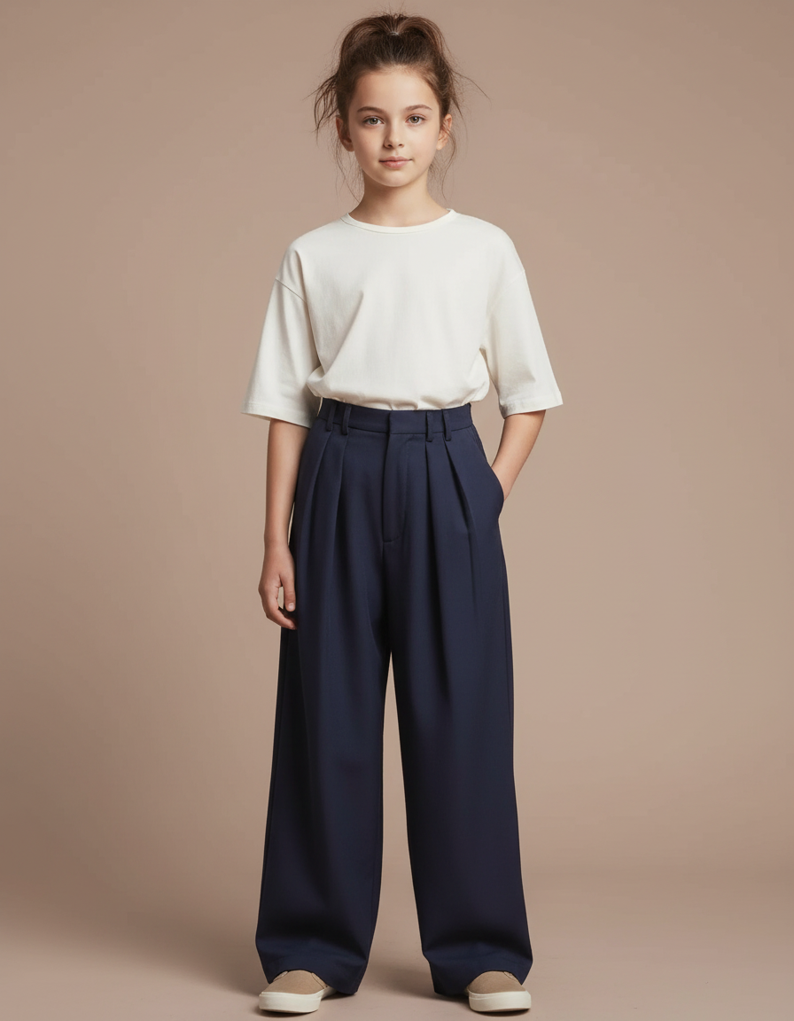Pantalon À Pince Bleu Marine Ample Plissé Décontracté - Gabardine