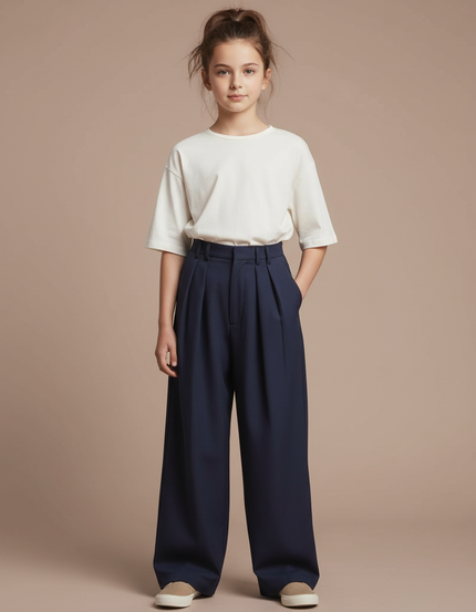 Pantalon À Pince Bleu Marine Ample Plissé Décontracté - Gabardine
