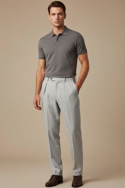 Pantalon À Pince Droit - Gris Gabardine