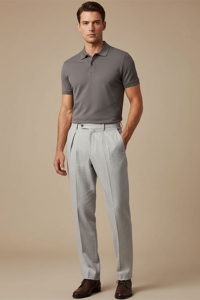 Pantalon À Pince Droit - Gris Gabardine
