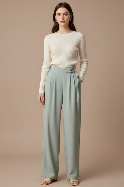 Pantalon À Pince Vert Menthe Fluide Ample Taille Haute Femme - Viscose