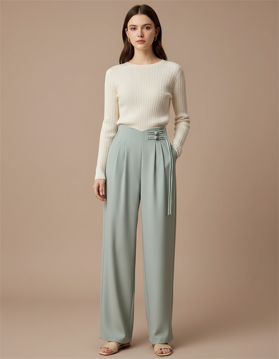 Pantalon À Pince Vert Menthe Fluide Ample Taille Haute Femme - Viscose
