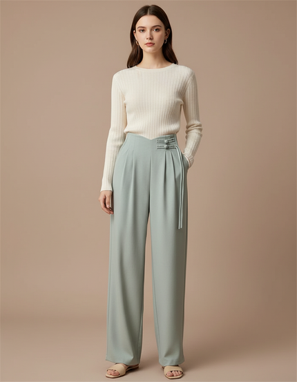 Pantalon À Pince Vert Menthe Fluide Ample Taille Haute Femme - Viscose