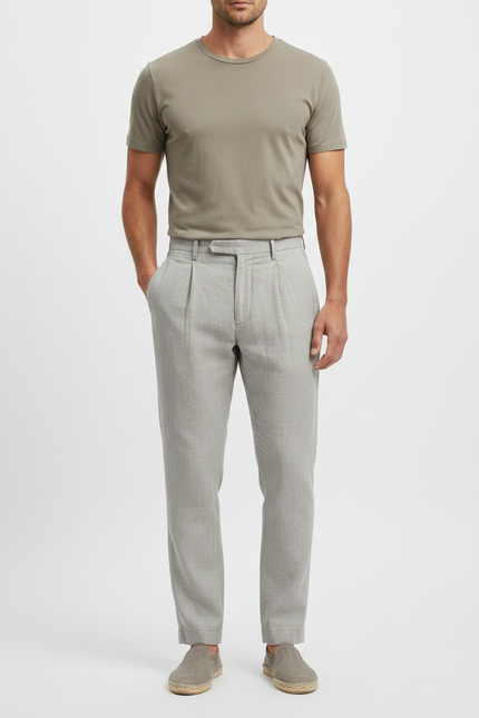 Pantalon À Pince Gris Clair Plissé Décontracté Homme - Lin
