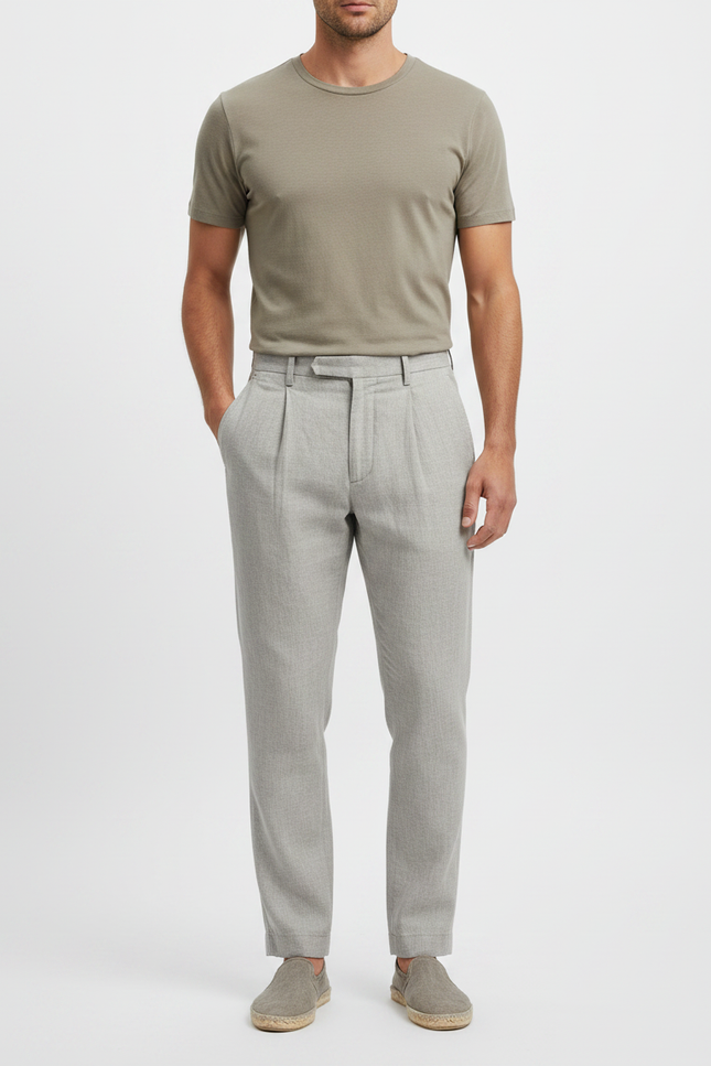 Pantalon À Pince Gris Clair Plissé Décontracté Homme - Lin