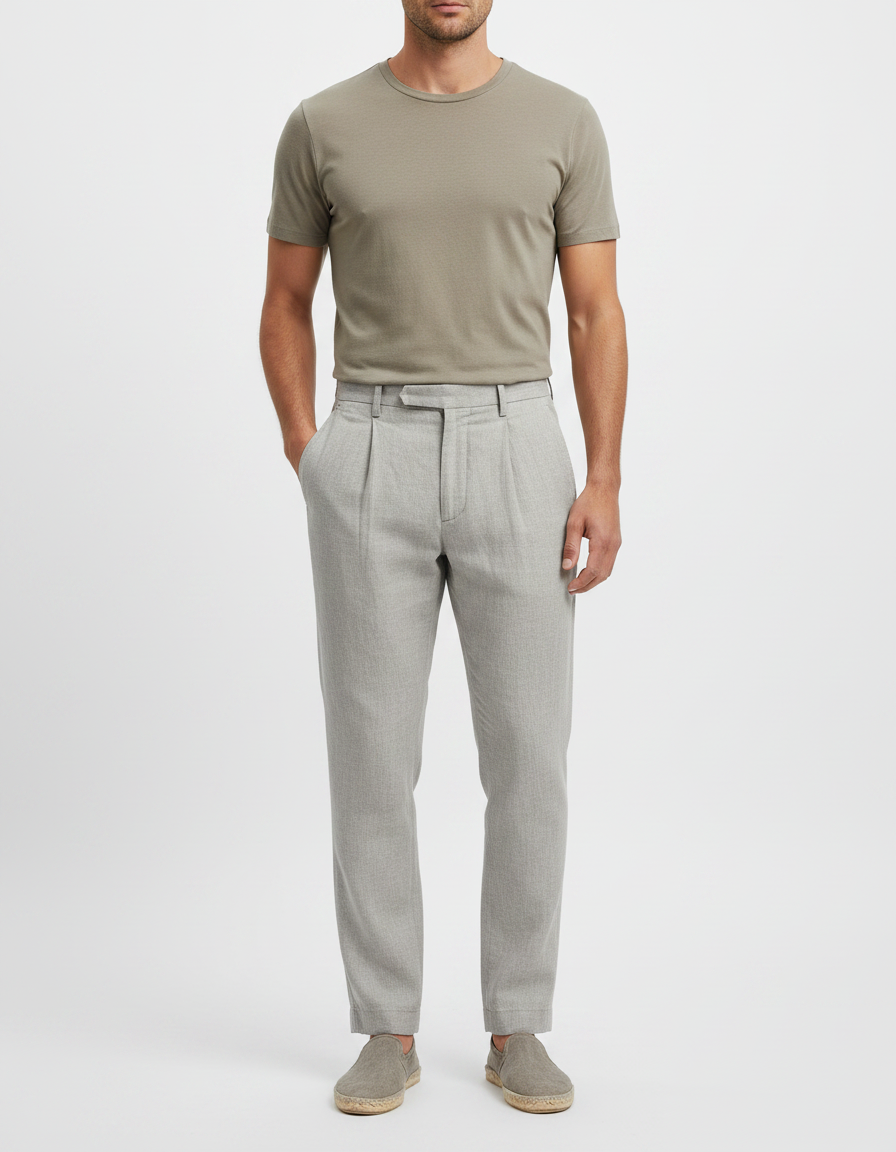 Pantalon À Pince Gris Clair Plissé Décontracté Homme - Lin