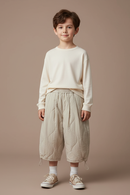 Pantalon À Pince Matelassé Beige Ample Décontracté Enfant - Molleton
