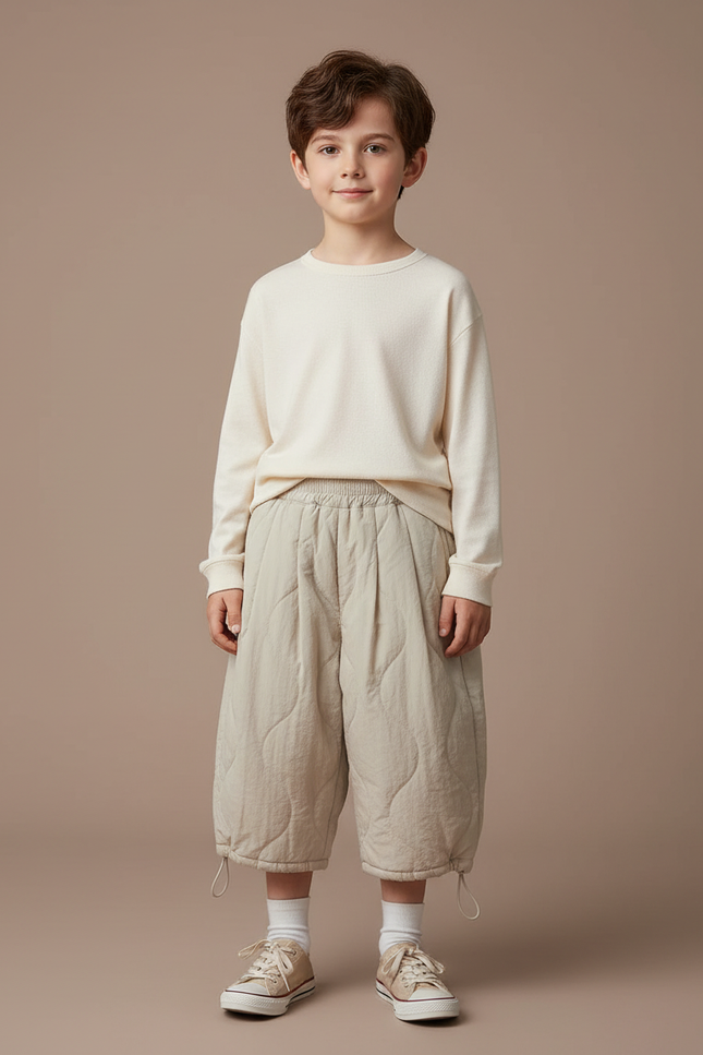 Pantalon À Pince Matelassé Beige Ample Décontracté Enfant - Molleton