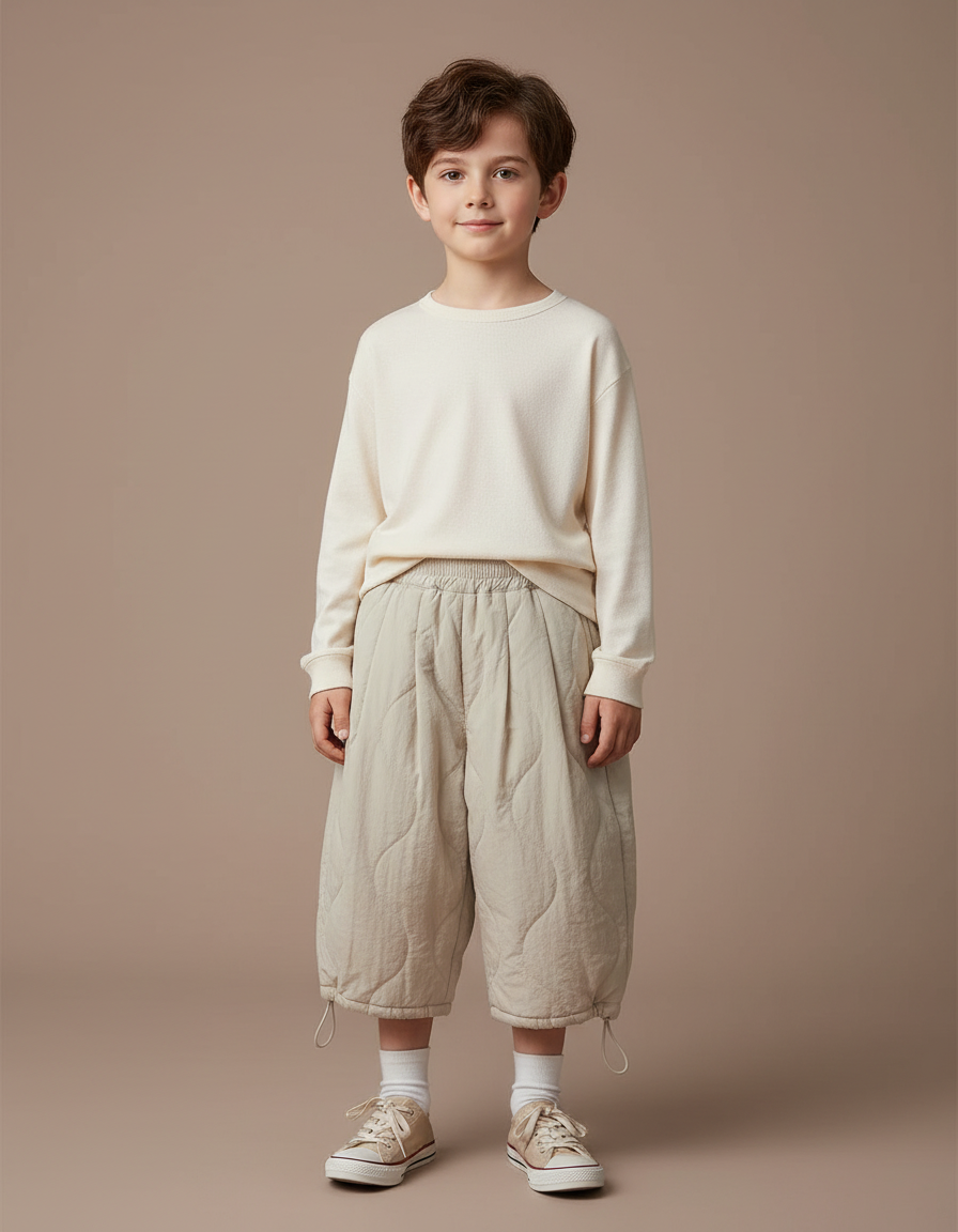 Pantalon À Pince Matelassé Beige Ample Décontracté Enfant - Molleton