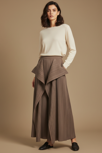 Pantalon À Pince Plissé Marron Ample Irrégulier Élégant - Polyester