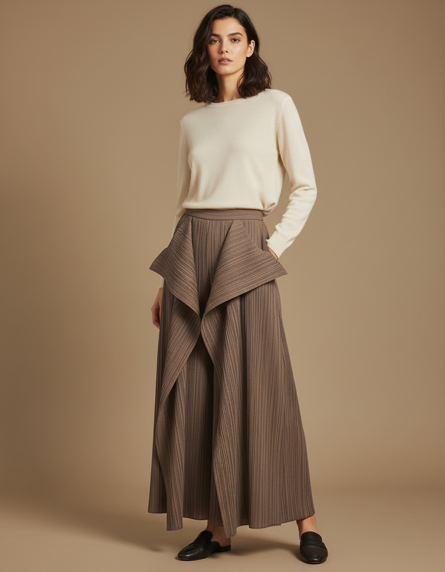 Pantalon À Pince Plissé Marron Ample Irrégulier Élégant - Polyester