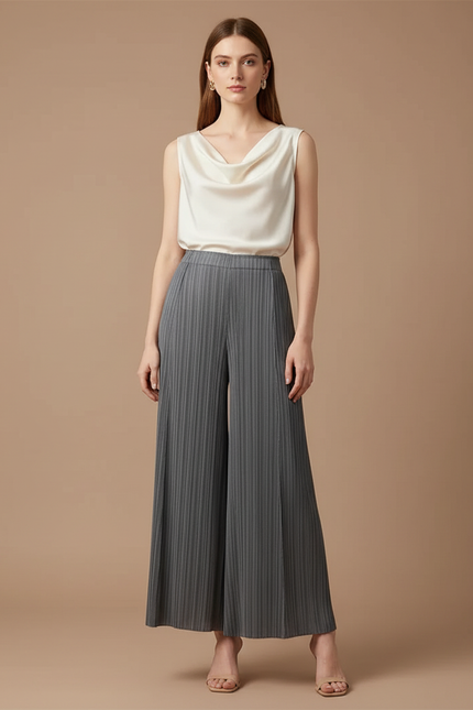 Pantalon À Pince Plissé Gris Ample Fluide Élégant Femme - Polyester