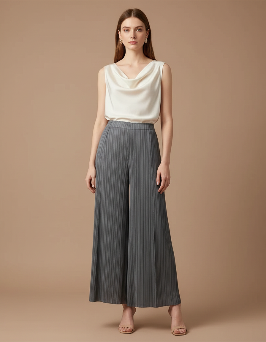 Pantalon À Pince Plissé Gris Ample Fluide Élégant Femme - Polyester