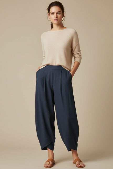 Pantalon À Pince Bleu Marine Ample Plissé Lin Femme