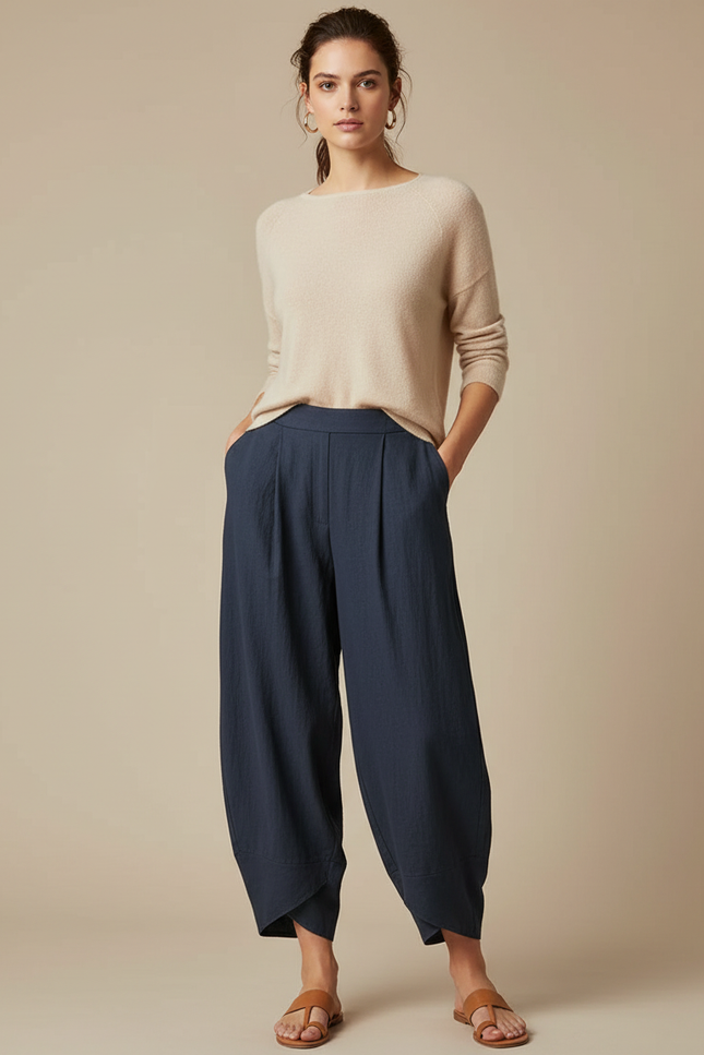 Pantalon À Pince Bleu Marine Ample Plissé Lin Femme