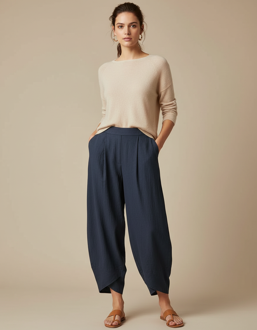 Pantalon À Pince Bleu Marine Ample Plissé Lin Femme