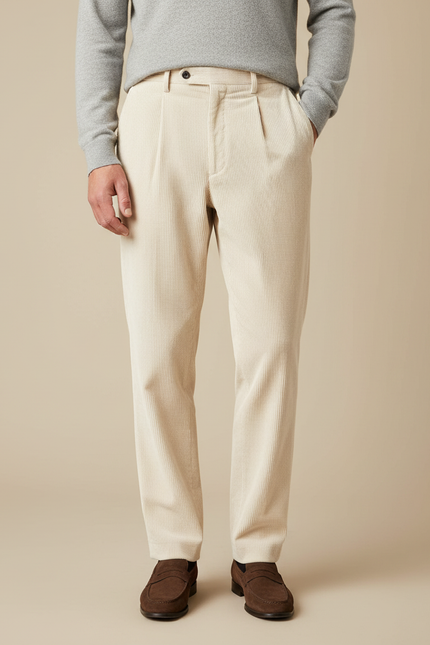 Pantalon À Pince Crème Côtelé Plissé Droit Homme - Beige Cordé