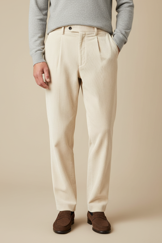 Pantalon À Pince Crème Côtelé Plissé Droit Homme - Beige Cordé