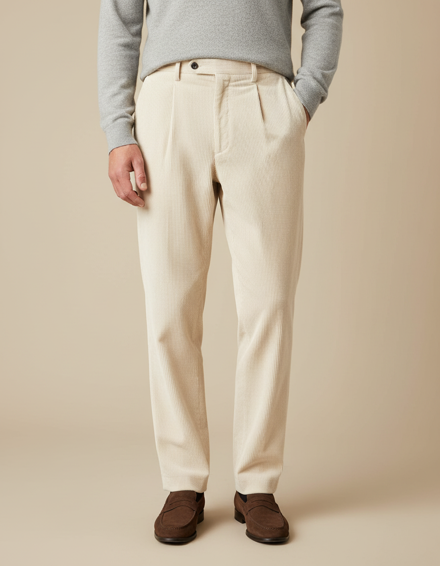 Pantalon À Pince Crème Côtelé Plissé Droit Homme - Beige Cordé