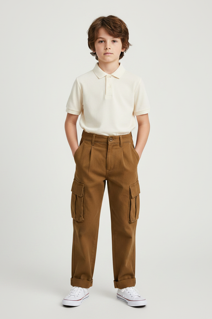 Pantalon À Pince Cargo Marron Ample Décontracté Enfant - Toile