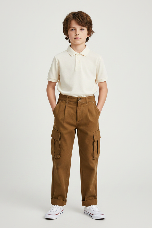 Pantalon À Pince Cargo Marron Ample Décontracté Enfant - Toile