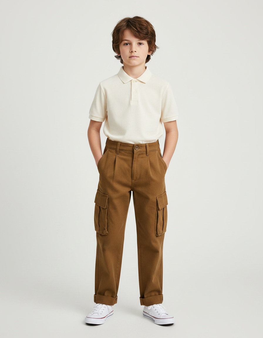 Pantalon À Pince Cargo Marron Ample Décontracté Enfant - Toile