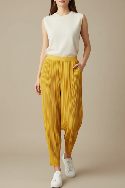 Pantalon À Pince Plissé Jaune Fluide Ample Femme - Polyester