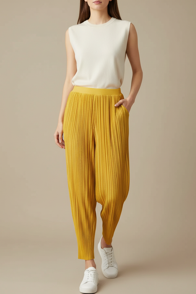 Pantalon À Pince Plissé Jaune Fluide Ample Femme - Polyester