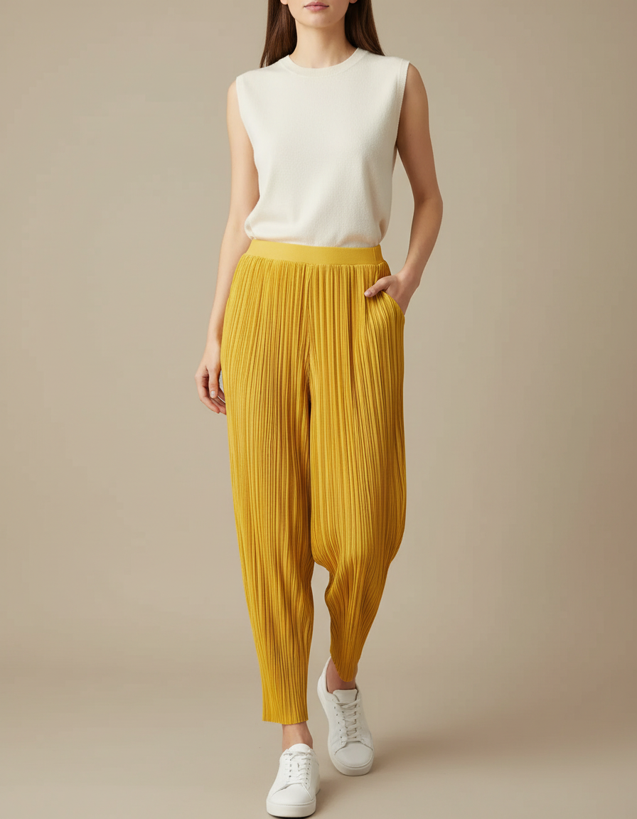 Pantalon À Pince Plissé Jaune Fluide Ample Femme - Polyester