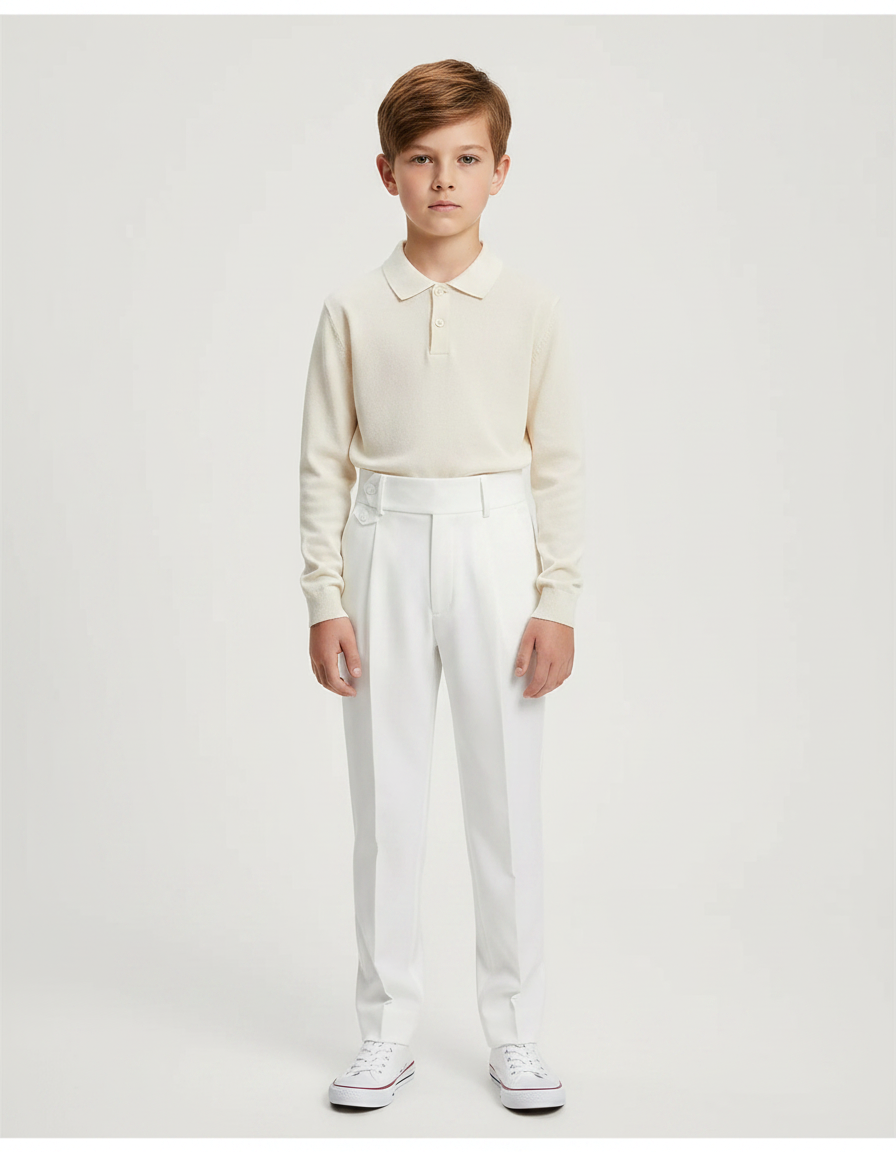 Pantalon À Pince Blanc Plissé Élégant Décontracté Garçon - Gabardine