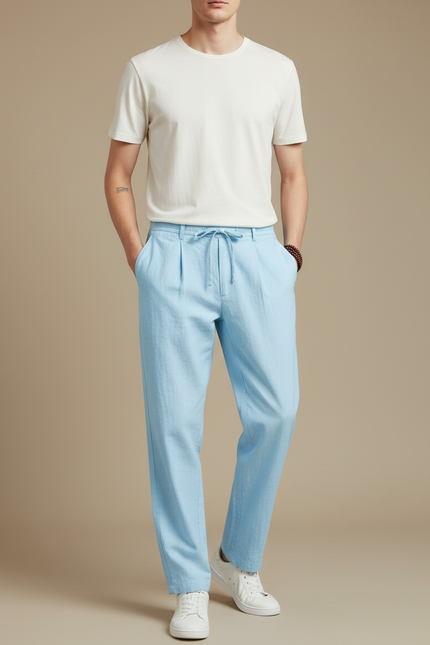 Pantalon À Pince Bleu Ciel Lin Ample Cordon Homme