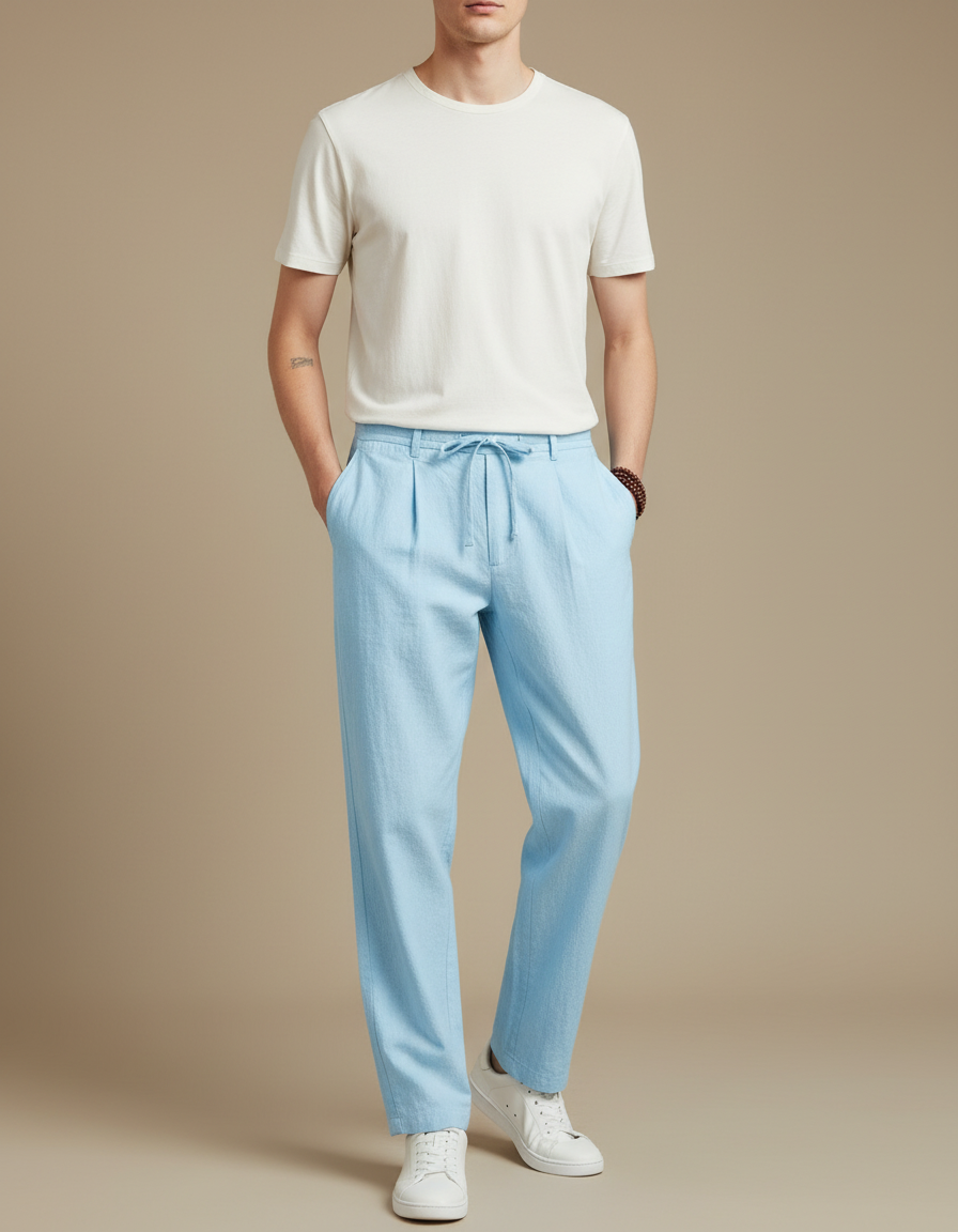 Pantalon À Pince Bleu Ciel Lin Ample Cordon Homme
