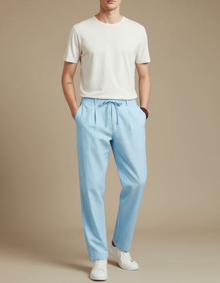 Pantalon À Pince Bleu Ciel Lin Ample Cordon Homme