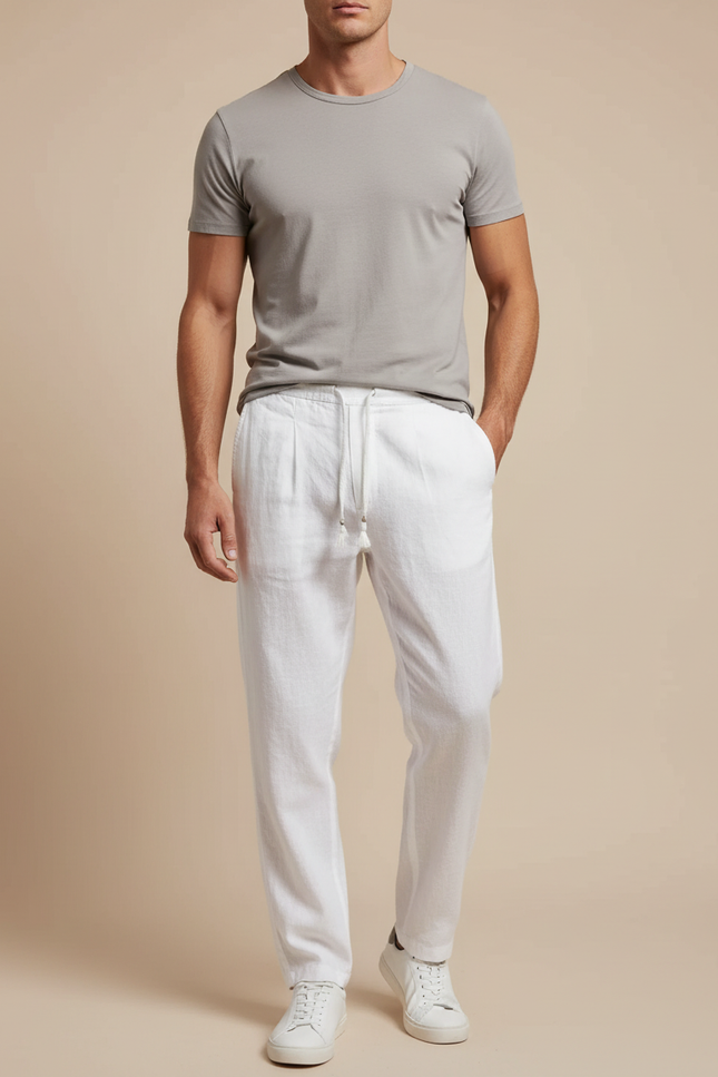 Pantalon À Pince Blanc Lin Droit Cordon Homme