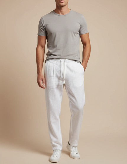 Pantalon À Pince Blanc Lin Droit Cordon Homme