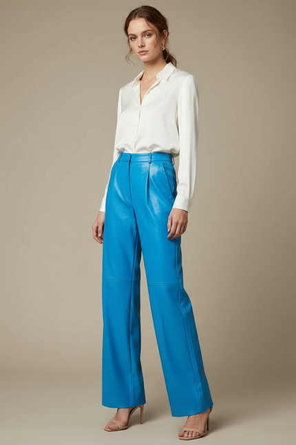 Pantalon À Pince Bleu Cuir Taille Haute Large