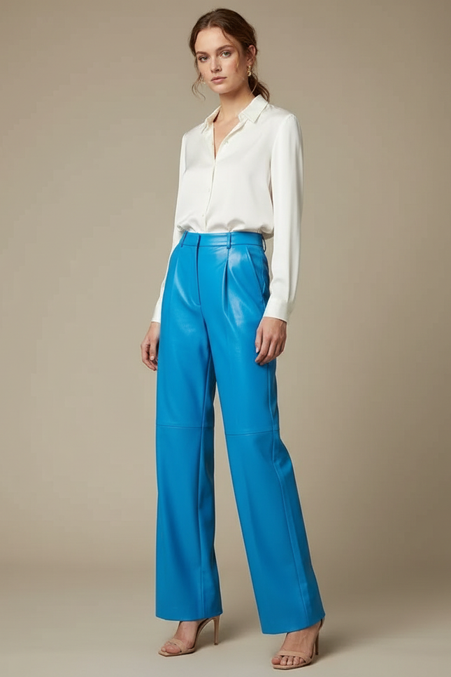 Pantalon À Pince Bleu Cuir Taille Haute Large