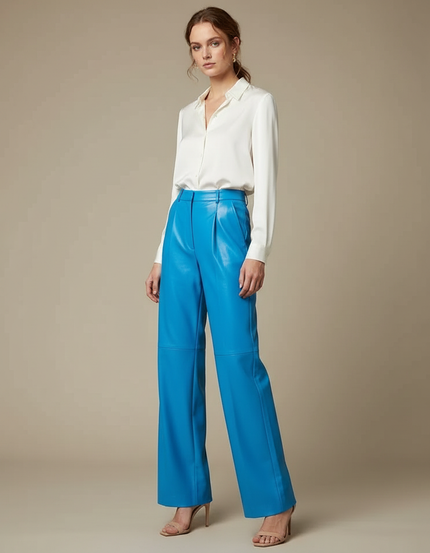 Pantalon À Pince Bleu Cuir Taille Haute Large