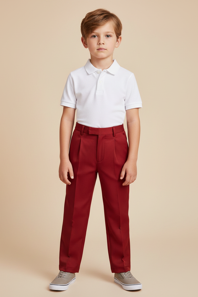 Pantalon À Pince Rouge Plissé Droit Enfant Élégant - Gabardine