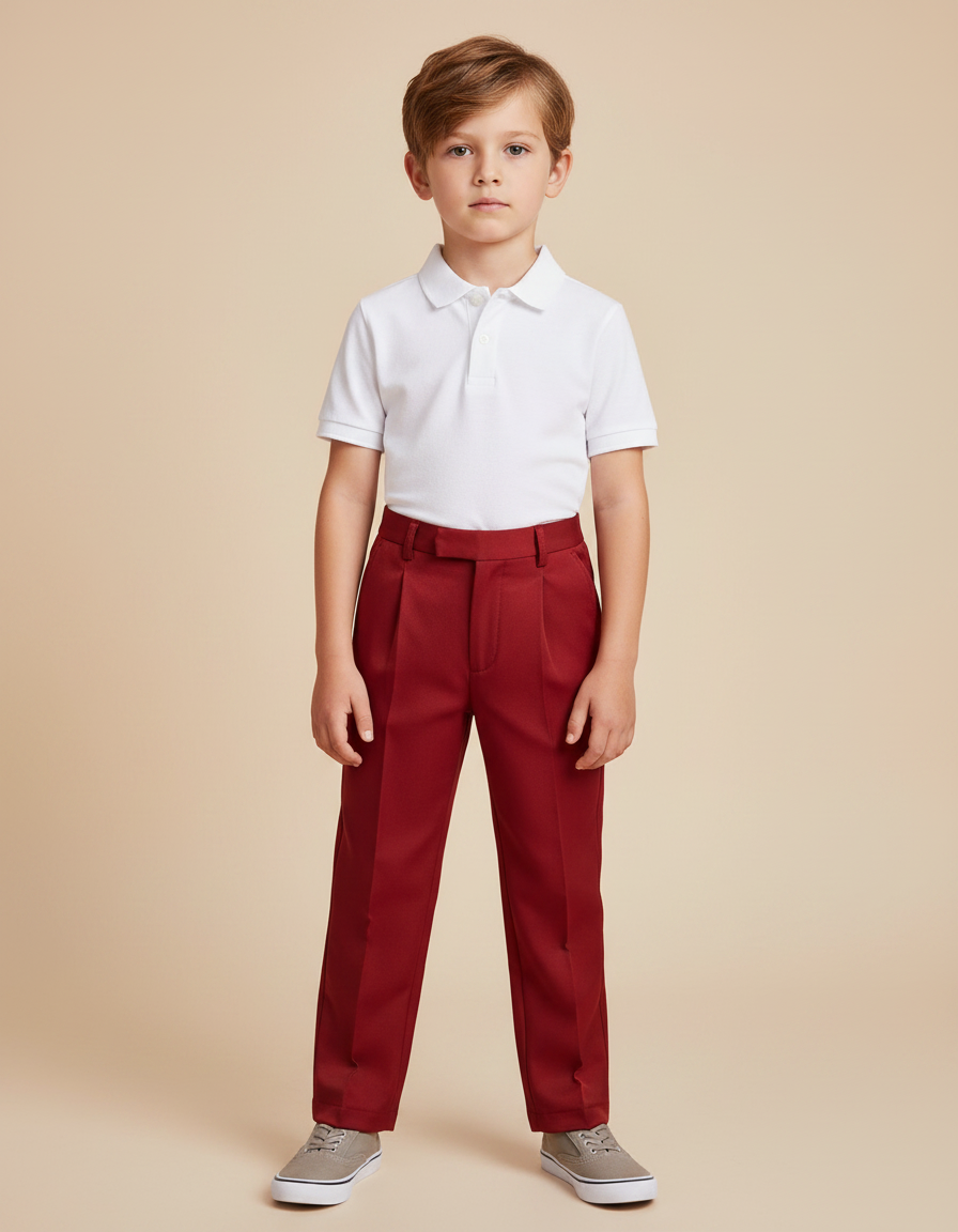 Pantalon À Pince Rouge Plissé Droit Enfant Élégant - Gabardine