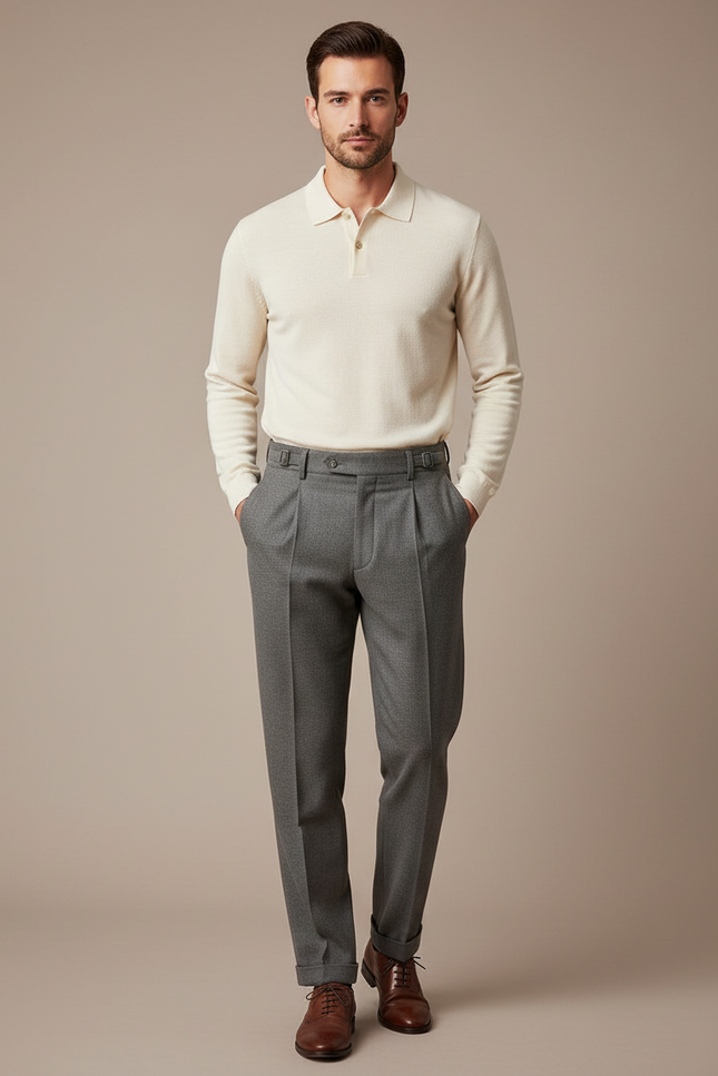 Pantalon À Pince Gris Laine Plissé Homme Élégant