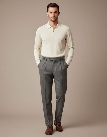 Pantalon À Pince Gris Laine Plissé Homme Élégant