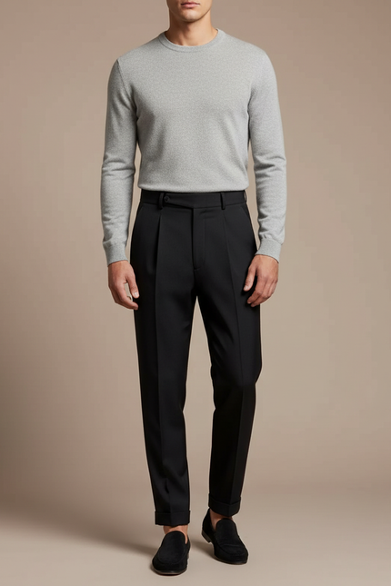 Pantalon À Pince Noir Plissé Droit Ajusté Homme - Gabardine