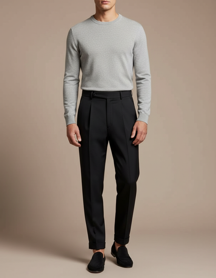 Pantalon À Pince Noir Plissé Droit Ajusté Homme - Gabardine