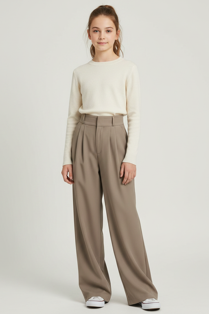 Pantalon À Pince Kaki Ample Plissé Décontracté Fille - Polyester
