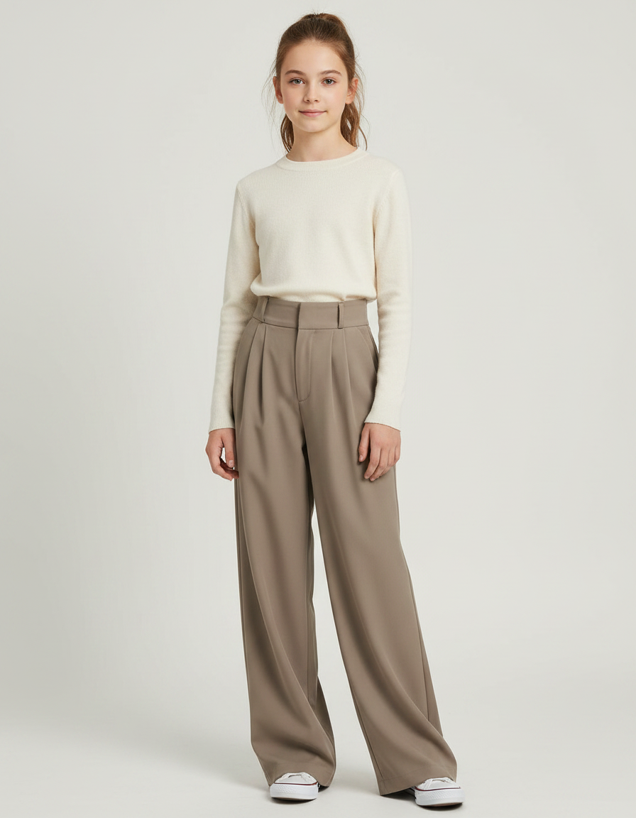 Pantalon À Pince Kaki Ample Plissé Décontracté Fille - Polyester