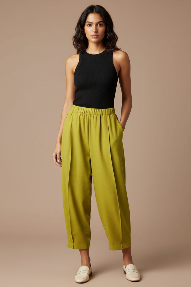 Pantalon À Pince Kaki Ample Plissé Taille Haute Femme - Lin